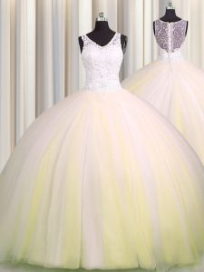 Unique Zipple Up Light Yellow Ball Gowns V-neck Sleeveless Tulle Brush Train Zipper Beading and Appliques Sweet 16 Quinc