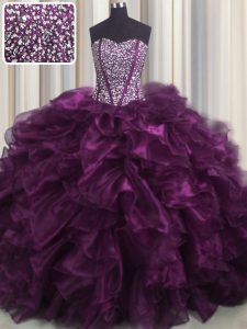 Fantastic Visible Boning Dark Purple Lace Up Sweet 16 Dress Beading and Ruffles Sleeveless With Brush Train