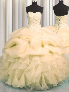 Pick Ups Visible Boning Ball Gowns Vestidos de Quinceanera Peach Sweetheart Organza Sleeveless Floor Length Lace Up