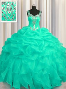 Exceptional See Through Zipper Up Ball Gowns Vestidos de Quinceanera Turquoise Straps Organza Sleeveless Floor Length Zi