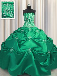 Excellent Turquoise Ball Gowns Strapless Sleeveless Taffeta Floor Length Lace Up Beading and Appliques and Embroidery Qu