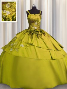 Dramatic Olive Green Ball Gowns Spaghetti Straps Sleeveless Satin Floor Length Lace Up Beading and Embroidery Quinceaner
