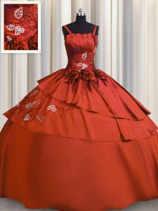 Pretty Sleeveless Floor Length Beading and Embroidery Lace Up Quince Ball Gowns with Rust Red