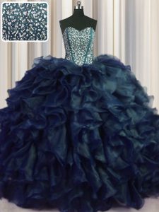 Great Visible Boning Bling-bling Navy Blue Ball Gowns Beading and Ruffles Ball Gown Prom Dress Lace Up Organza Sleeveles