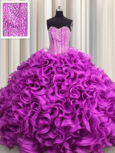 Perfect Visible Boning Fuchsia Sleeveless Organza Lace Up Quinceanera Dress for Military Ball and Sweet 16 and Quinceane