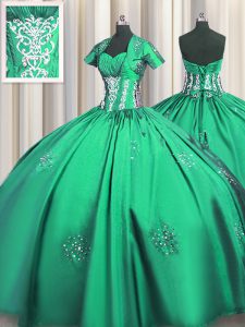 Fantastic Turquoise Lace Up Ball Gown Prom Dress Beading and Appliques and Ruching Short Sleeves Floor Length