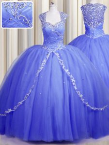 Zipper Up Beading and Appliques Sweet 16 Quinceanera Dress Blue Zipper Cap Sleeves With Brush Train