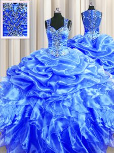 Zipper Up See Through Back Floor Length Zipper Sweet 16 Dress Blue for Military Ball and Sweet 16 and Quinceanera with B