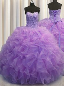 Organza Sweetheart Sleeveless Lace Up Beading and Ruffles 15 Quinceanera Dress in Lavender