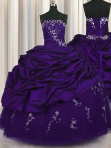 Shining Sleeveless Taffeta Floor Length Lace Up Sweet 16 Quinceanera Dress in Purple with Beading and Embroidery and Pic