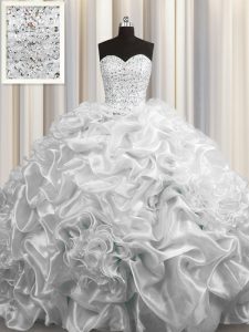 Superior Pick Ups Court Train Grey Sleeveless Organza Lace Up Quince Ball Gowns for Military Ball and Sweet 16 and Quinc