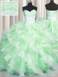 Flare Visible Boning Two Tone Sleeveless Organza Floor Length Lace Up Quinceanera Gown in Multi-color with Beading and R