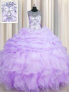 Scoop See Through Organza Sleeveless Floor Length Sweet 16 Quinceanera Dress and Beading and Ruffles and Pick Ups