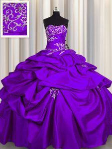 Best Selling Purple Ball Gowns Appliques and Pick Ups Sweet 16 Dresses Lace Up Taffeta Sleeveless Floor Length
