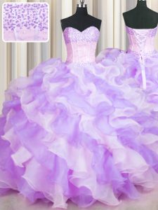 Shining Two Tone Visible Boning Beading and Ruffles Sweet 16 Quinceanera Dress Multi-color Lace Up Sleeveless Floor Leng