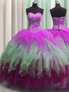 Glorious Visible Boning Multi-color Tulle Lace Up Sweetheart Sleeveless Floor Length Quinceanera Gowns Beading and Ruffl