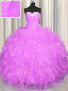 Admirable Lilac Ball Gowns Beading and Ruffles Quinceanera Dresses Lace Up Organza Sleeveless Floor Length