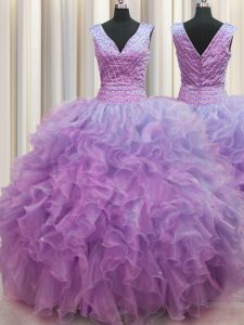 Enchanting Zipper Up Lilac Ball Gowns V-neck Sleeveless Organza Floor Length Zipper Ruffles Quince Ball Gowns