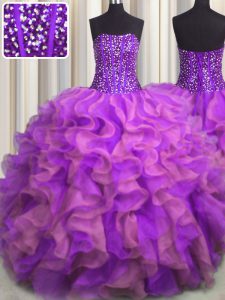 Visible Boning Beaded Bodice Sleeveless Organza Floor Length Lace Up Sweet 16 Dress in Multi-color with Beading and Ruff