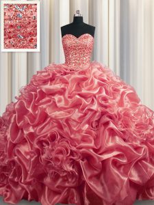 Sweetheart Sleeveless Sweet 16 Dresses With Train Court Train Beading and Pick Ups Watermelon Red Organza