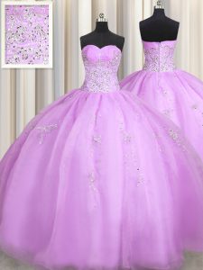 Stylish Lilac Organza Zipper Quinceanera Dress Sleeveless Floor Length Beading and Appliques