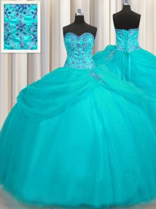 Extravagant Puffy Skirt Beading Sweet 16 Dresses Aqua Blue Lace Up Sleeveless Floor Length