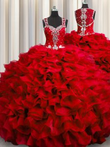 Comfortable Zipple Up See Through Back Floor Length Wine Red Quinceanera Gown Organza Sleeveless Beading and Ruffles