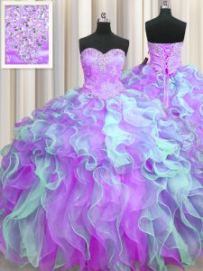 Multi-color Sleeveless Floor Length Beading and Appliques and Ruffles Lace Up Vestidos de Quinceanera