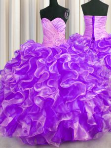 Designer Purple Organza Lace Up Quince Ball Gowns Sleeveless Floor Length Beading and Ruffles