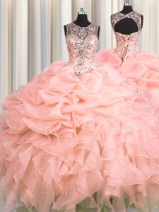 See Through Scoop Sleeveless 15 Quinceanera Dress Floor Length Beading and Ruffles and Pick Ups Pink Organza