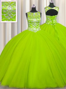 Exquisite Yellow Green Ball Gowns Scoop Sleeveless Tulle Floor Length Lace Up Beading Quinceanera Gowns