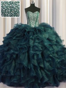 Pretty Visible Boning Bling-bling Sleeveless Brush Train Beading and Ruffles Lace Up Quinceanera Dresses