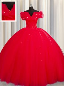 Stylish Tulle Off The Shoulder Short Sleeves Court Train Lace Up Ruching Quinceanera Gown in Red