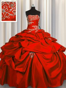 Red Ball Gowns Strapless Sleeveless Taffeta Floor Length Lace Up Appliques and Pick Ups Ball Gown Prom Dress