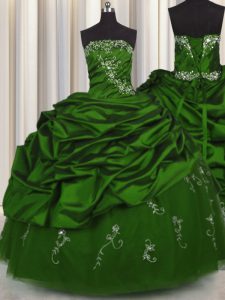 Flare Embroidery Green Ball Gowns Taffeta Strapless Sleeveless Beading and Appliques and Pick Ups Floor Length Lace Up 1