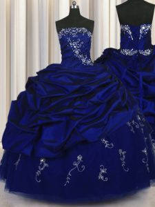 Beauteous Royal Blue Lace Up Strapless Beading and Embroidery and Pick Ups 15 Quinceanera Dress Taffeta Sleeveless