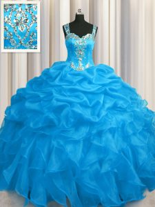 Free and Easy See Through Zipper Up Blue Straps Neckline Appliques and Ruffles 15th Birthday Dress Sleeveless Zipper