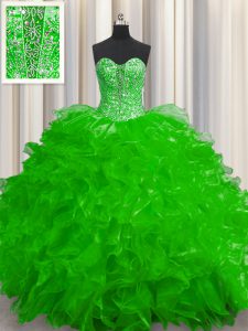See Through Organza Lace Up Sweetheart Sleeveless Floor Length 15 Quinceanera Dress Beading and Ruffles