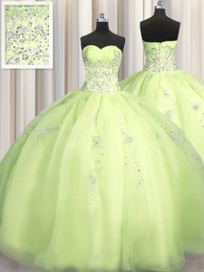Eye-catching Big Puffy Yellow Green Ball Gowns Organza Sweetheart Sleeveless Beading and Appliques Floor Length Zipper B