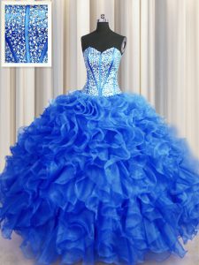 Fantastic Visible Boning Beaded Bodice Beading and Ruffles Quinceanera Gowns Royal Blue Lace Up Sleeveless Floor Length