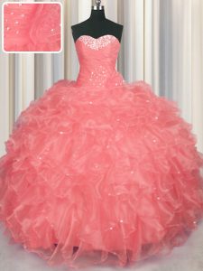 Excellent Sleeveless Organza Floor Length Lace Up Vestidos de Quinceanera in Watermelon Red with Beading and Ruffles