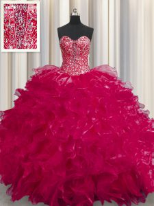 Cheap See Through Coral Red Sleeveless Organza Lace Up Sweet 16 Dress for Military Ball and Sweet 16 and Quinceanera