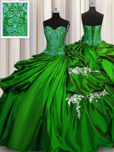 Dramatic Green Taffeta Lace Up Quince Ball Gowns Sleeveless Floor Length Beading and Appliques