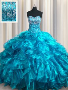 Sleeveless With Train Beading and Ruffles Lace Up Quinceanera Dresses with Teal Brush Train