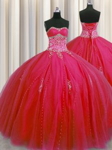 Modest Big Puffy Red Ball Gowns Tulle Sweetheart Sleeveless Beading and Appliques Floor Length Lace Up Quinceanera Dress