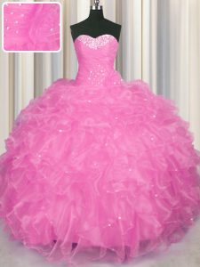Discount Rose Pink Organza Lace Up Quince Ball Gowns Sleeveless Floor Length Beading and Ruffles