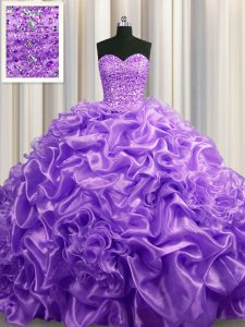 Deluxe Lavender Sweetheart Lace Up Beading and Pick Ups Quinceanera Gown Court Train Sleeveless