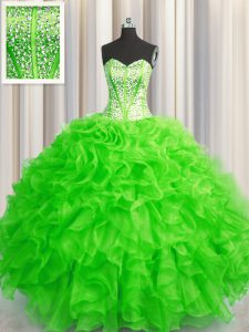 Ideal Visible Boning Beaded Bodice Sweetheart Sleeveless Lace Up Quinceanera Gown Organza