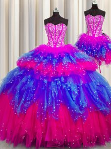 Custom Fit Three Piece Visible Boning Multi-color Tulle Lace Up 15 Quinceanera Dress Sleeveless Floor Length Beading