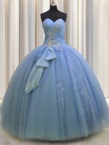 Light Blue Tulle Lace Up Ball Gown Prom Dress Sleeveless Floor Length Beading and Sequins and Bowknot